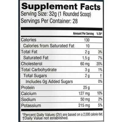 Supplement Facts label for Whey Fusion protein powder showing serving size, calories, protein content, and nutrition values