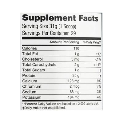 Supplement Facts label for whey protein isolate powder showing protein per serving and nutrition details for chocolate and vanilla whey protein